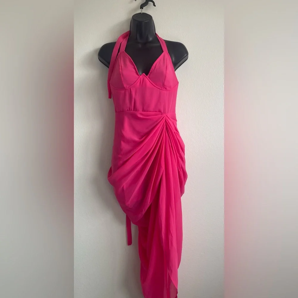 NWT PrettyLittleThing Hot Pink Draped Elegant Draped Midi Dress US 6 - Picture 4 of 10